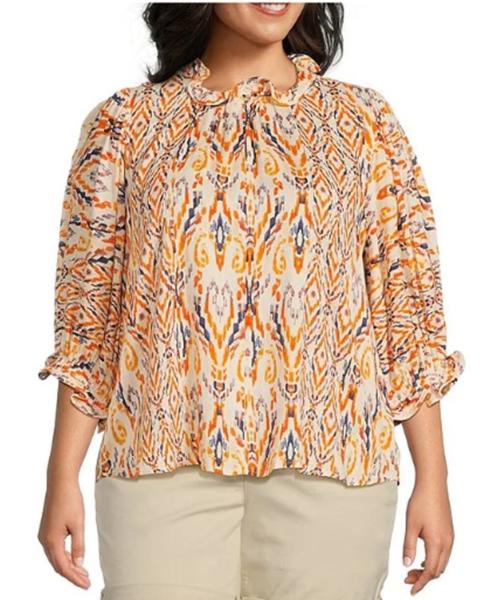 New Democracy Ikat Print Ruffle Collar 3/4 Sleeve Shirt Womens Plus Size 2X